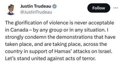 Джастин Трюдо - Трюдо осудил демонстрации в поддержку ХАМАСа - mignews.net - Израиль - Канада