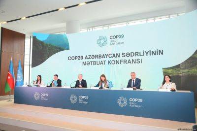 Эльнур Солтанов - Мухтар Бабаев - Лейла Гасанова - Нигяр Арпадараи - В Баку проходит пресс-конференция по COP29 (ФОТО) - trend.az - Азербайджан - Президент